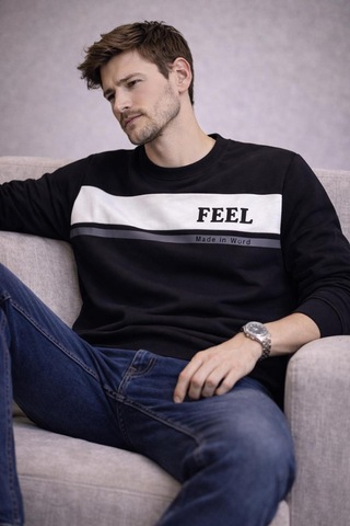 The Feel Marcel Erkek Regular Fit Bisiklet Yaka İnce Sweatshirt Siyah