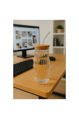 Bambu Kapaklı Motivasyon Cam Bardak / Suluk, 900 Ml, Pipet Hediyeli