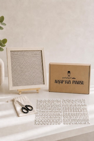 Woodart Premium Letter Board Seti, Şampanya Krem Keçe Yüzeyli Doğal Çam Ahşap Yazı Panosu Şövale Standlı Dekoratif Set
