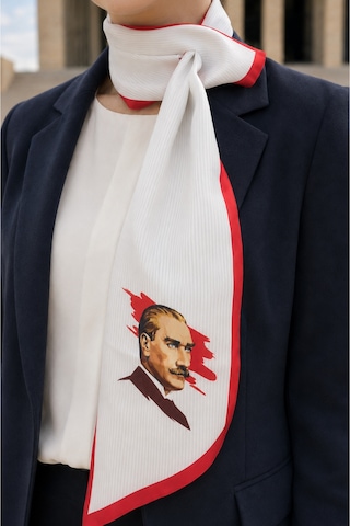 Tarzını Seç Atatürk Beyaz Çizgili Türk Bayraklı 85x25cm Kravat / Eşarp / Fular Beyaz - Kırmızı