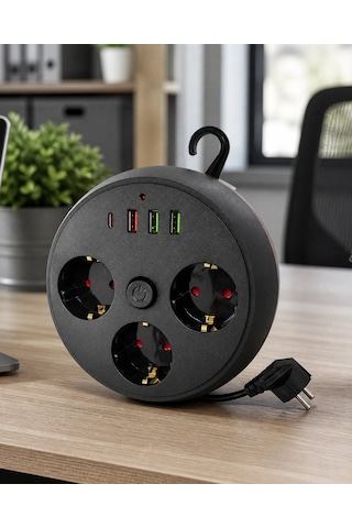 Akım Korumalı Çoklu Priz 3 Priz 3 Usb 1 Type C 2 Metre Kablo Güvenli Şarj