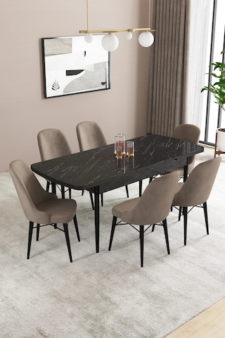 Familieconcept Almira Serisi, Siyah Mermer Desen 80x132 Açılabilir Mdf Mutfak Masası Takımı 6 Adet Sandalye Cappucino