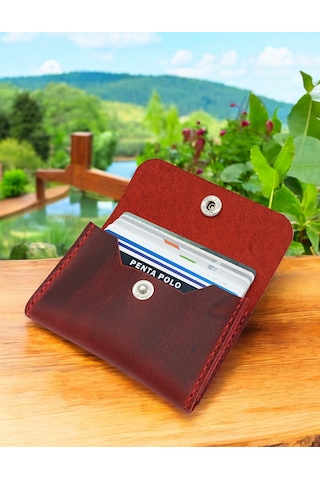 Cronder Hakiki Deri Yan Model Kutu Cüzdan Kartlık Kırmızı