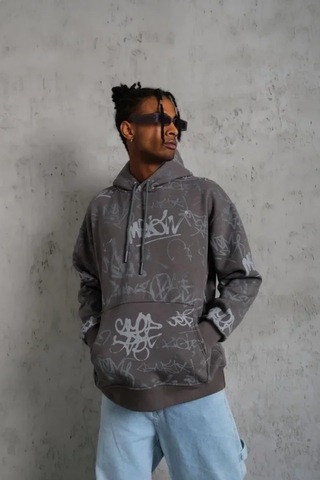 Veraura Lifestyle Erkek Baskılı Kapüşonlu Ribanalı Sweat - Gri