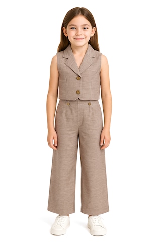 Merdia Kids Kız Çocuk Keten Yelek Ve Pantolonlu 2li Takım Vizon