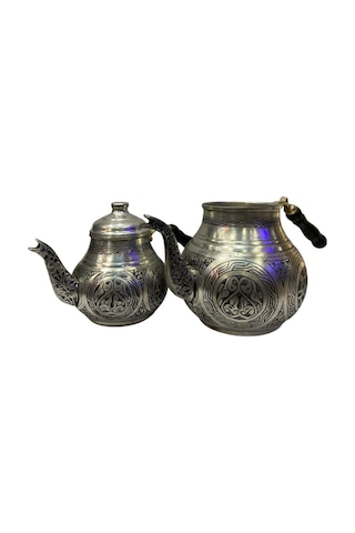 Gümüş Renkli Bakır İşlemeli Çaydanlık Gümüş