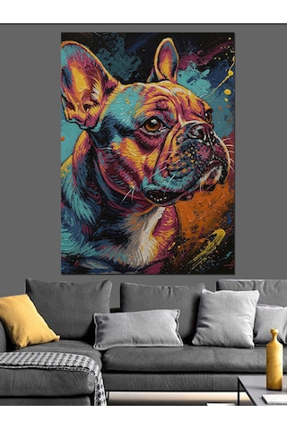 Ahşap Tablo Renkli Fransız Bulldog Portresi