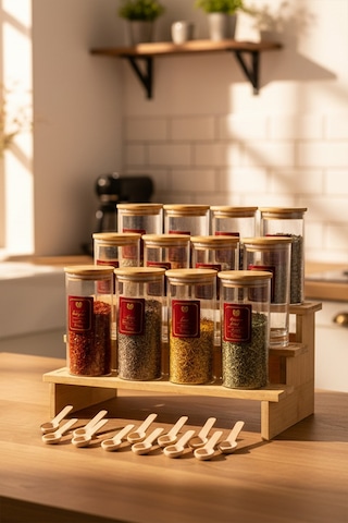 Nare - Bambu Standlı 12'li Vakumlu Kapaklı Ahşap Kaşıklı Etiketli Cam Baharatlık Cam Saklama Kabı