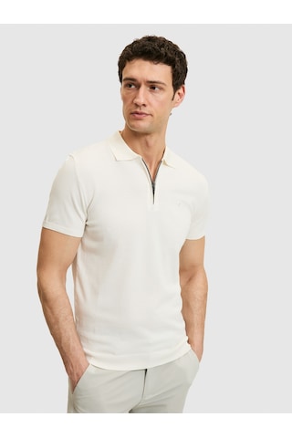 Beyaz Slim Fit Fermuarlı Polo Yaka Triko T-shirt
