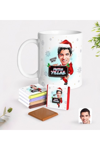 Kişiye Özel Erkek Yeni Yıl Karikatürlü Beyaz Kupa Ve Çikolata Hediye Seti-1