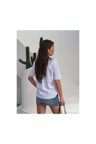 Paw Garage Kadın Massi İnterlok Kumaş V Yaka Oversize T-shirt Beyaz