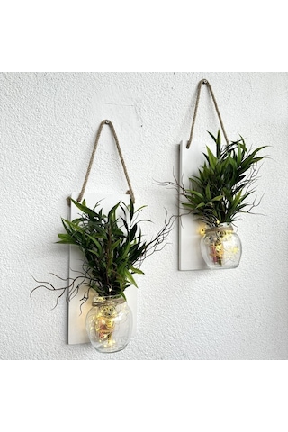 Led Işıklı, Yeşil Bitki Çiçekli Duvar Dekoru Beyaz İkili Set Beyaz