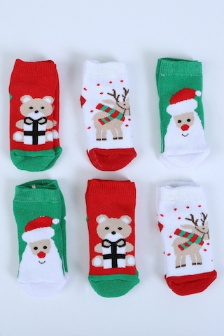 Pamuklu 6'lı Yılbaşı Noel Baba Kışlık Havlu Yenidoğan Bebek Çorap "Karışık Renkli"