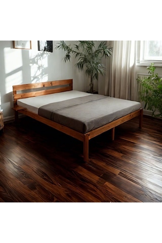 Masif Ahşap Trend Karyola Ceviz Renk + 2 Adet Simple Yatak Kenarı Rafı Hediyeli 80x180