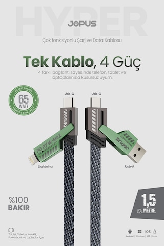 4in1 65w Pd Hızlı Şarj Kablosu İphone Android Uyumlu Type C Lightning Kumaş Örgü Data Pro 1.5 Metre -