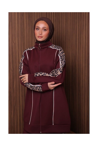 Günlük Moda Kadın Tesettür Eşofman Takımı 2 Li Leopar Detaylı Bordo