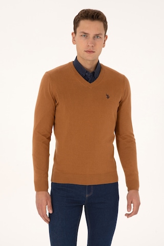 U.S. Polo Assn. Erkek Slim Fit V Yaka Camel Basic Triko Kazak 50313662-VR233