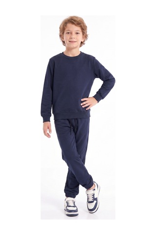 Panios Kids 2'li Erkek Çocuk Düz Bisiklet Yaka Çift Cepli Eşofman Takımı Füme - Lacivert