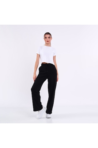 Mmetalic Kadın Siyah Normal Kalıp Basic Beli Lastikli Kapüşonlu Oversize Mevsimlik Alt Üst Eşofman Takımı