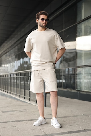 Madmext Taş Rengi Bisiklet Yaka Oversize Erkek Şort T-shirt Takım E7355 Taş Rengi