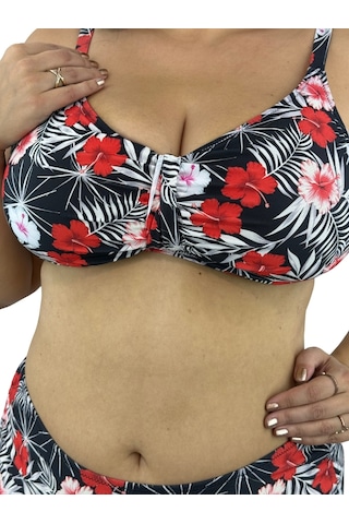 Büyük Beden Kırmızı Çiçek Desenli Tül Detaylı Kapsız Telli Yüksek Bel Kadın Bikini Takım