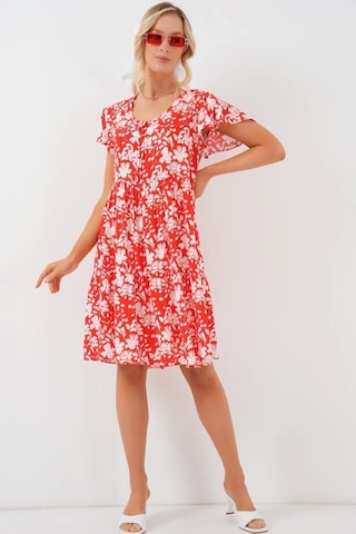 2352 V Yaka Kısa Elbise - Kırmızı Kırmızı