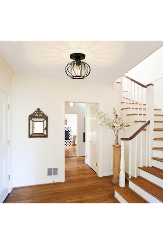 Neevoyu Kara Metal Ve Kristal Yüzeyli Modern Antik Tavan Lambası - Yarı Gömülü, 60w Maksimum, E26/e27 Uyumlu, Zirve Dekorasyon Için Siyah