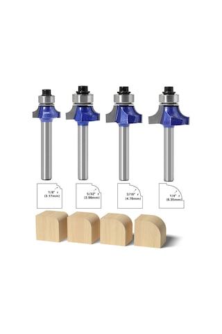 Shineyee Ahşap İşleme İçin Profesyonel Kalite Yuvarlak Köşe Freze Aleti - 4'lü Set 6 Saplı R Köşe Kesici Uçları