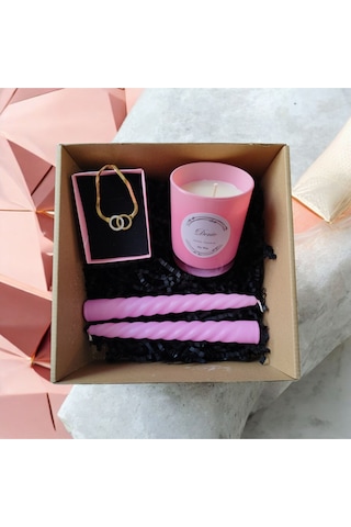 Denic Hediye Seti Kokulu Pembe Bardak Mum Halka Kolye Burgulu Mum