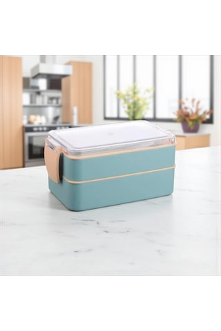Titiz Fely 2 Katlı Öğle Yemeği Kabı - Çatal Kaşık Dahil - Sızdırmaz & Kilitli Lunch Box-mavi Çok Renkli