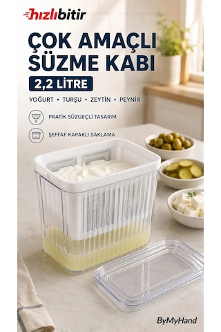Bymyhand Plastik Çok Amaçlı Süzme Kabı Turşu Zeytin Peynir Yoğurt Süzme Kabı 2,2 Lt. Şeffaf