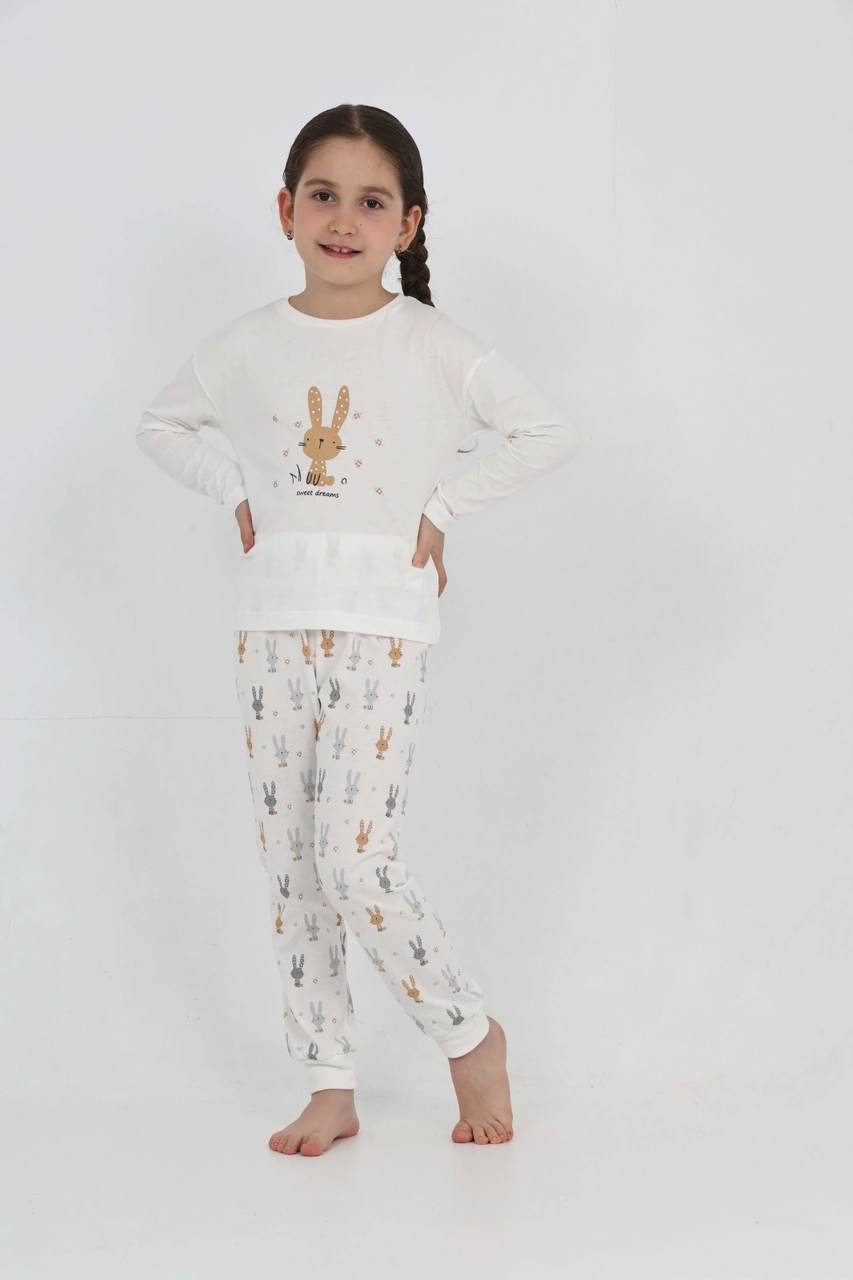 Toontoy Kız Çocuk Tavşan Baskılı Pijama Takım Ekru