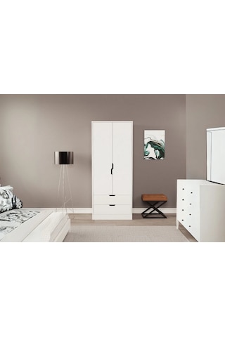 Moderno Mini 2 Kapaklı 2 Çekmeceli Gardırop Kompakt Tasarım, Modern Görünüm Beyaz