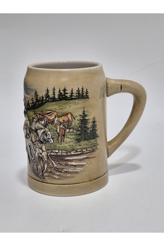 Vintage Tankart Kabartmalı At Arabası Doğa Figürlü Alman Seramik Bira Bardağı 14cm 001