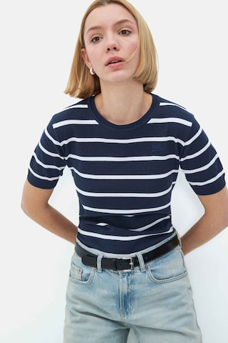 Mısha Lacivert Çizgili Bisiklet Yaka Triko Nakışlı Standard Fit Kadın Tshirt Lacivert