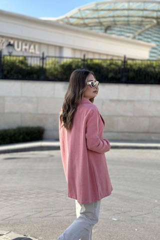 Kadın Pembe Astarlı, Kruvaze Ceket Yaka, Tek Düğme, Rahat Kalıp, Fitilli Kaşe Kumaş Kaban Pembe