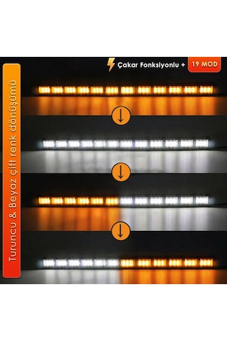 Cama Çakar Beyaz Turuncu Led Flaş Çakmaklık Girişl 114 Cm 19 Mod Araç İçi Ön Arka Cam Araç Dışı Tepe Izgara