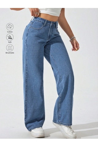 Blue Marlın Kadin Yüksek Bel Mavi Boyfriend Bol Paça Pantolon Lacivert