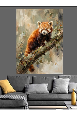 Ağaç Dalında Küçük Kızıl Panda Dekoratif Kanvas - Mdf Ahşap Tablo