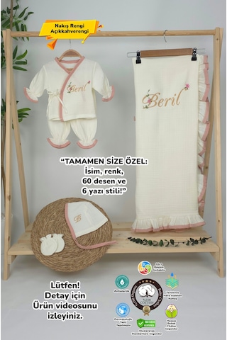 Gros Shop Müslin Yeni Doğan 4katlı Organik %100pamuk Kişiye Özgü Nakışlı Hastane Çıkış Seti Pudra Biyeli-1 Ekru
