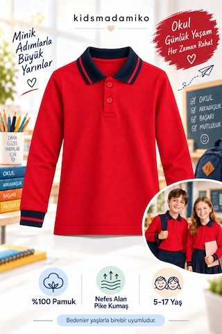 Kidsmadamiko Kız Çocuk Uzun Kollu Polo Yaka %100 Pamuk Pike Okul Tişörtü Kırmızı