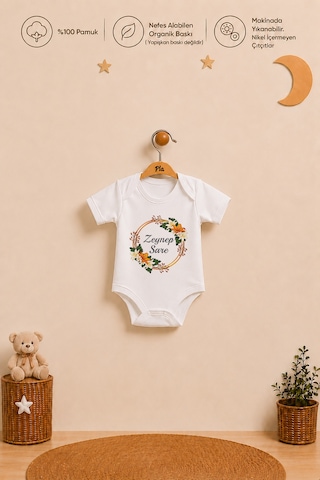 Pia Baby İsimli Kız Bebek Hediye Seti %100 Pamuk Organik Baskılı Body Yastık Kılıfı Ve Ham Bez Bebek Kıyafet Kesesi 1118byk3x Ekru