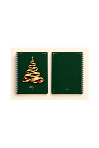 A5 Spiralli Defter 2027 Takvimli 50 Yaprak 100 Sayfa Çizgili Yeşil Altın Kurdele Ağaç Desenli Not Defteri