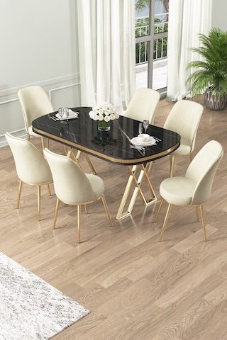 Canisa Lai Serisi 90x168 Lak Panel Sonata Gold Ayak Masa Takımı 6 Krem Sandalye Sonata Masa Krem Sandalye Ayaklar Gold
