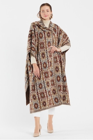 Uludağ Triko Kadın Kilim Desen Kapşonlu Panço Taş-Std Taş