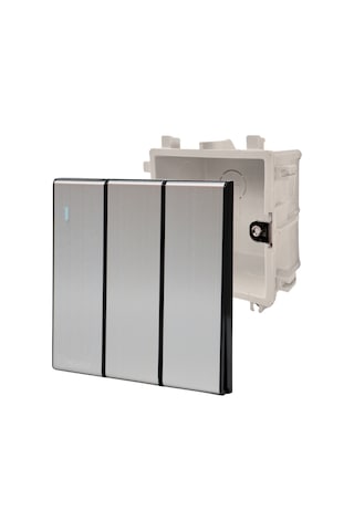 MERALLI INOX 3'lü vavien anahtar, hakiki fırçalanmış paslanmaz çelik, çerçevesiz 86×86 Modüler kasa dahil