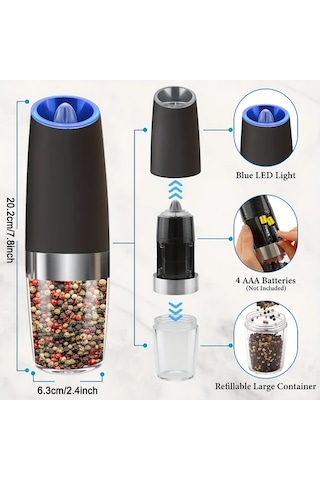 Honeybeeshop 2 Adet Siyah Yerçekimi Elektrikli Biber Ve Tuz Öğütücü Seti Led Işık Büyük Kapasiteli Otomatik Ahşap