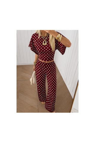 Hımmelduf Kadın Puantiyeli İkili Takım Crop Bluz Bol Paça Pantolon Bordo Puantiye