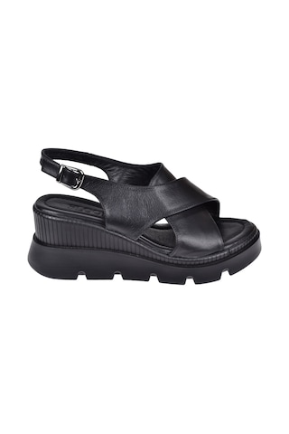 Floor Hakiki Deri Kalın Taban Kadın Sandalet Mak-2005 Siyah