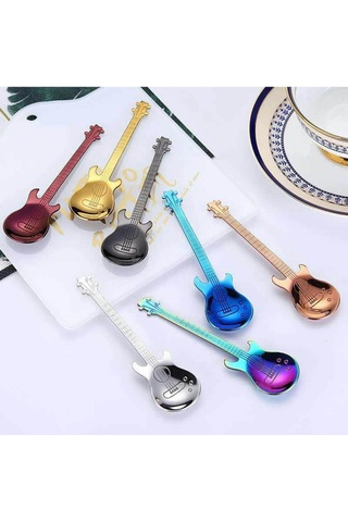 Gitar Tasarımlı Paslanmaz Çelik Kaşık Ve Paslanmaz Çelik Çatal + Saklama Kutusu Siyah Renk